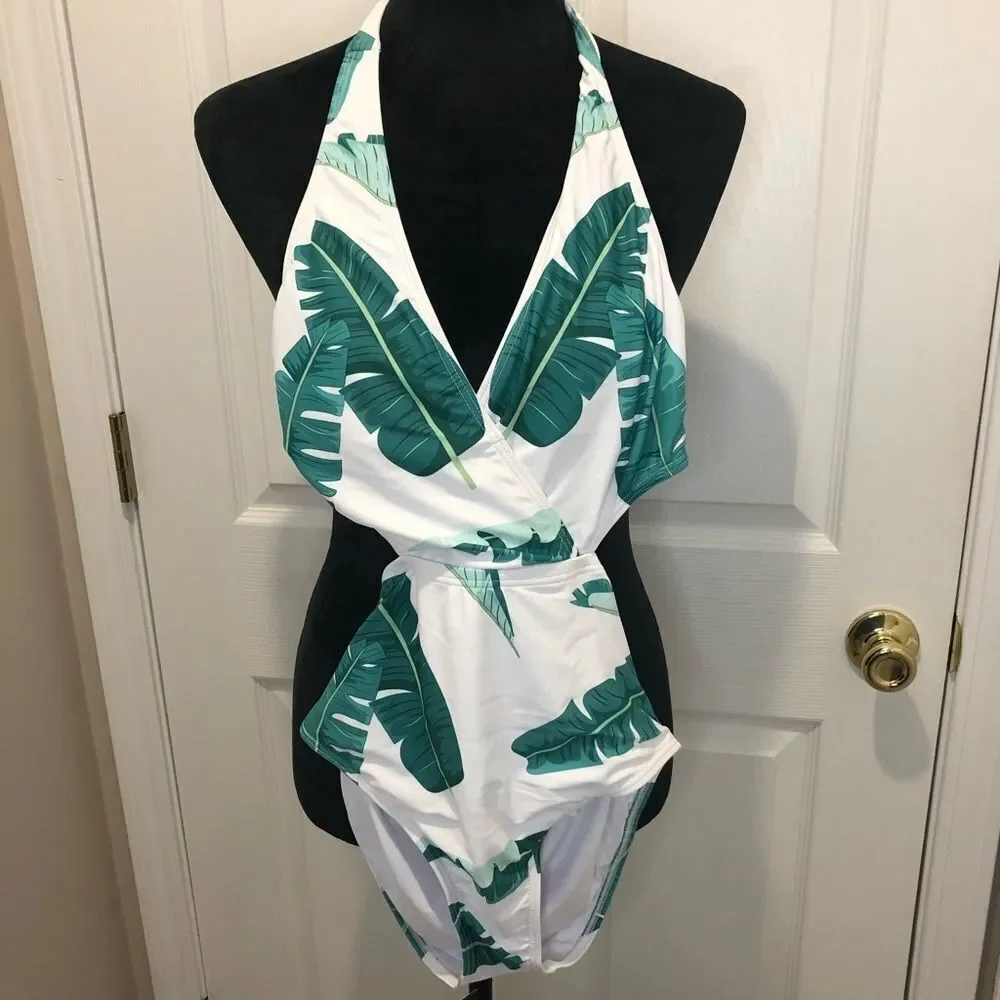 NWT Zeraca green white halter swim suit - Picture 1 of 8